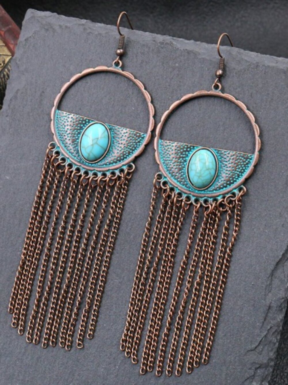 Boho Turquoise Teal Earrings Long Dangle Fringe Tassel Western Tribal Statement